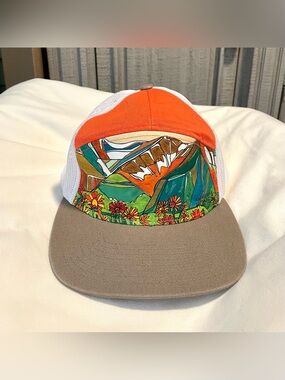 Katherine Homes “Mountain Daisies” 7 Panel Hat -Olive/Blue/Orange -Recycled Mesh